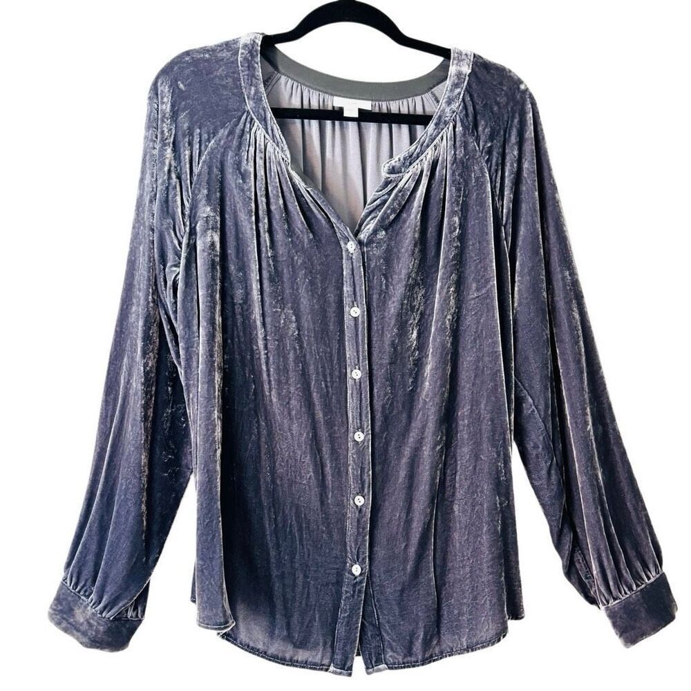 J. Jill L silver gray silk blend crushed velvet whimsigoth button front blouse